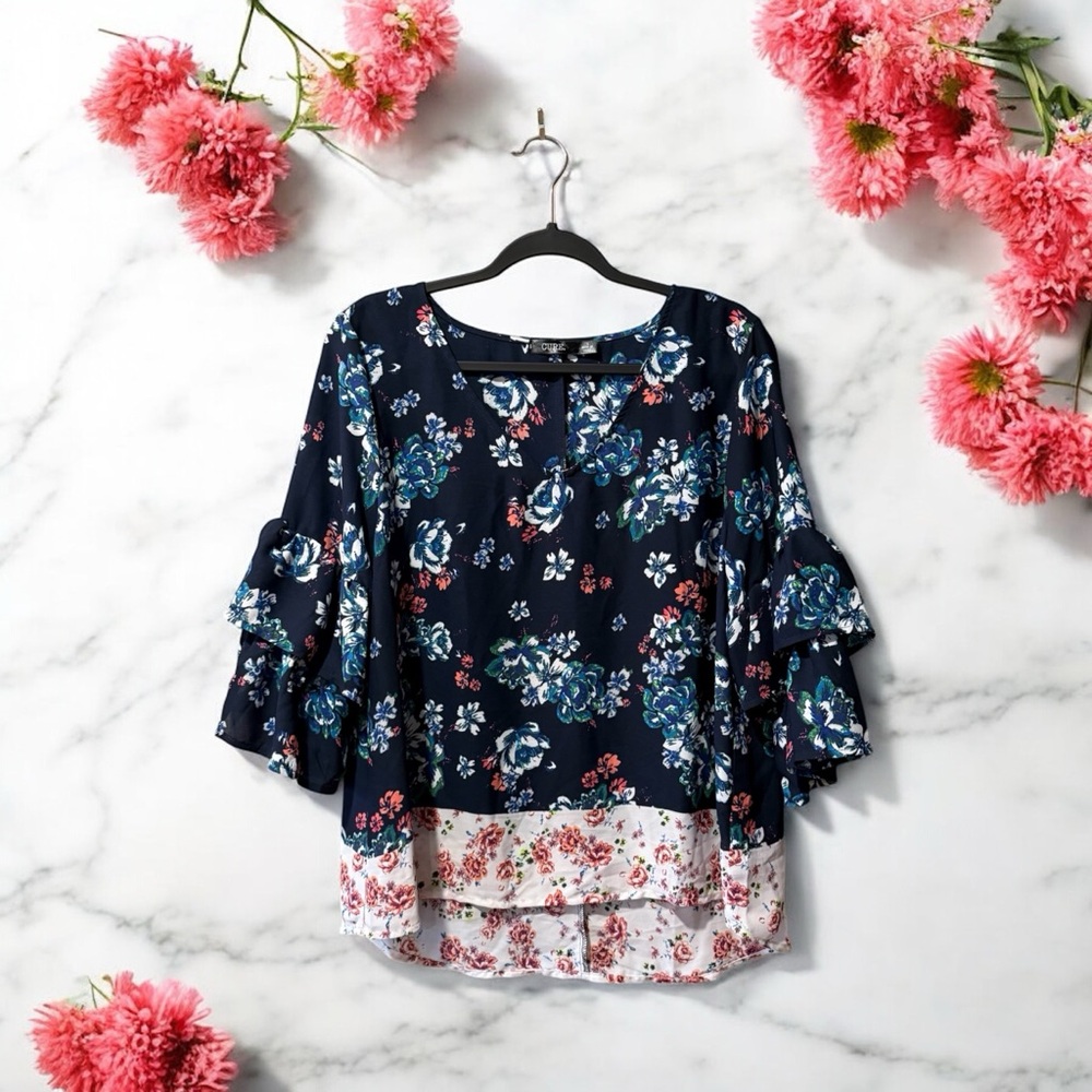 Cure Navy & White Floral Print Ruffle Top, with Blue & Coral Flowers